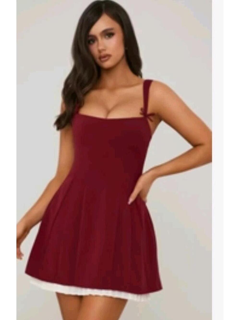 NWT Oh Polly Cressida Bow Pleated Underskirt Mini Dress Burgundy US 6 UK 10 NWT